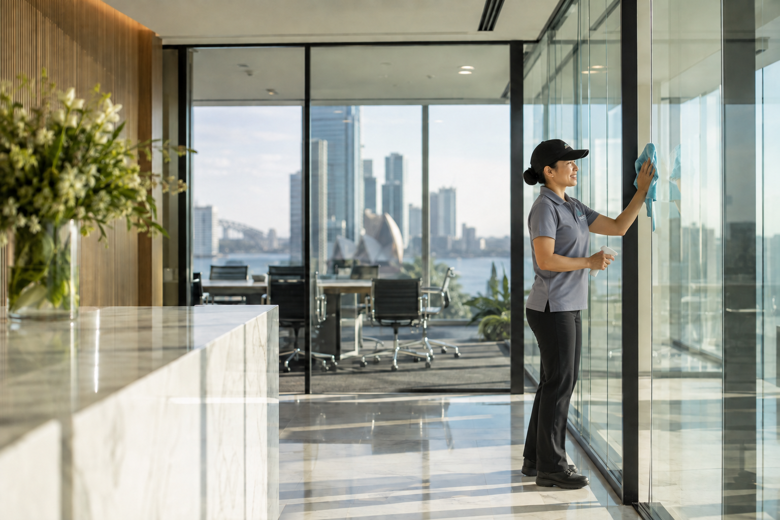 Simply Cleaning Co team member in the company uniform detailing a Sydney commercial office