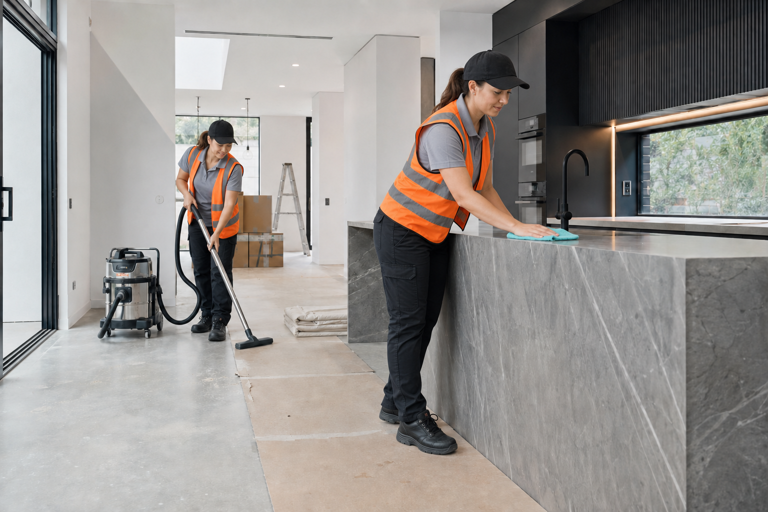 Simply Cleaning Co team in company high-visibility uniforms completing a post-construction clean
