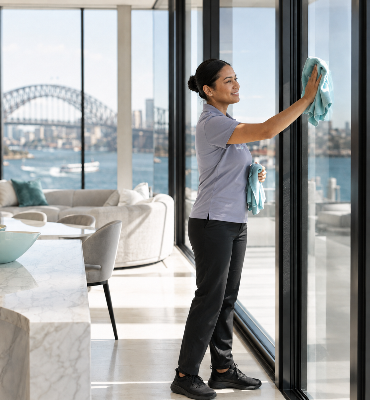Simply Cleaning Co team member in the company uniform polishing glass in a bright Sydney home